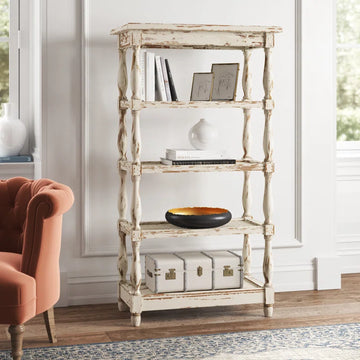 Adella White Wood Distressed Open 5 Shelf Shelving Unit with Spindle Sides and Mesh