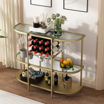 Itasca Metal Wine Bar Stand with 4-Tier Storage, Tempered Glass Wine Rack Table with Glass Holders