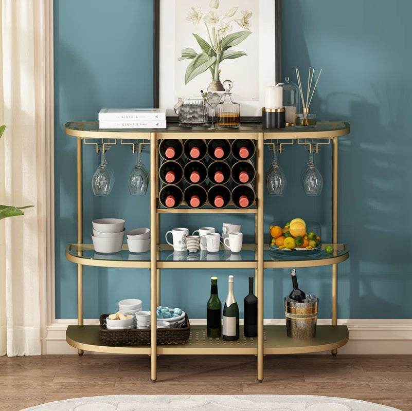 Itasca Metal Wine Bar Stand with 4-Tier Storage, Tempered Glass Wine Rack Table with Glass Holders