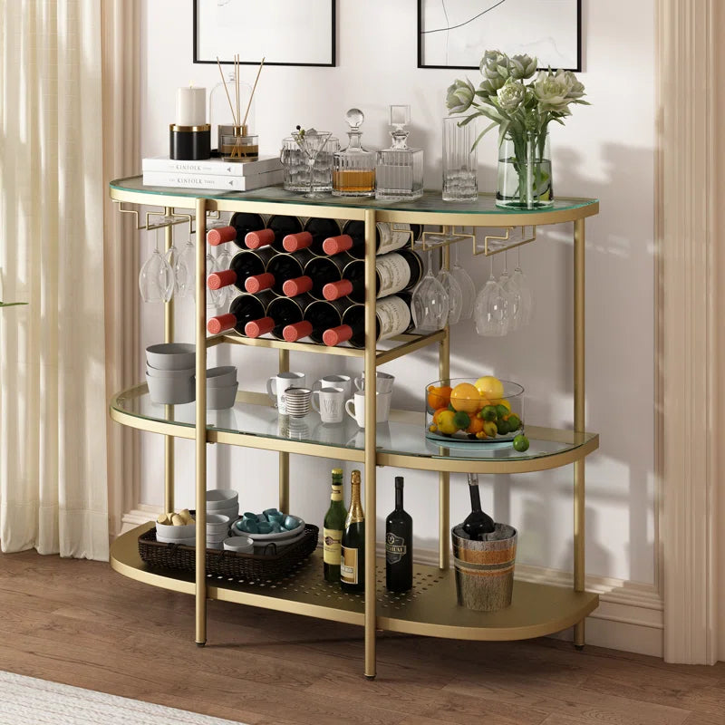 Itasca Metal Wine Bar Stand with 4-Tier Storage, Tempered Glass Wine Rack Table with Glass Holders
