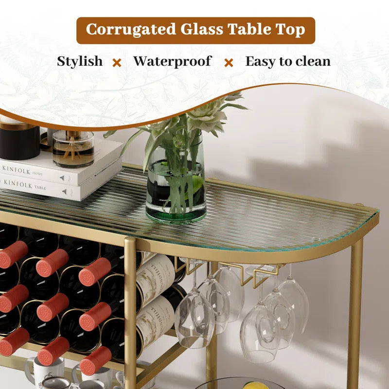 Itasca Metal Wine Bar Stand with 4-Tier Storage, Tempered Glass Wine Rack Table with Glass Holders