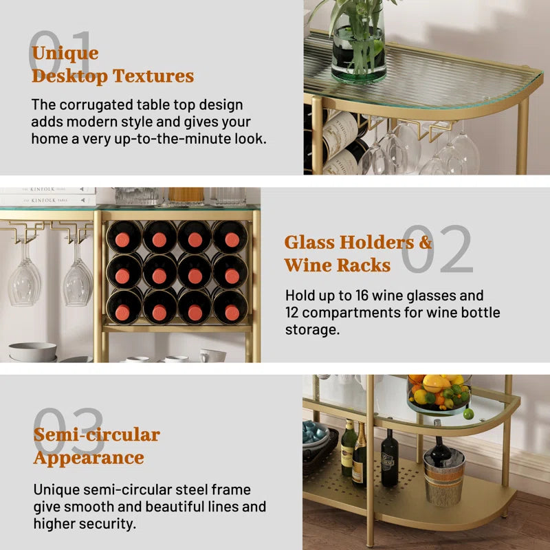 Itasca Metal Wine Bar Stand with 4-Tier Storage, Tempered Glass Wine Rack Table with Glass Holders