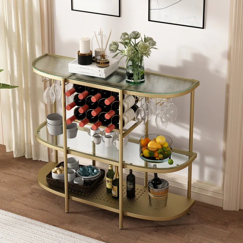 Itasca Metal Wine Bar Stand with 4-Tier Storage, Tempered Glass Wine Rack Table with Glass Holders